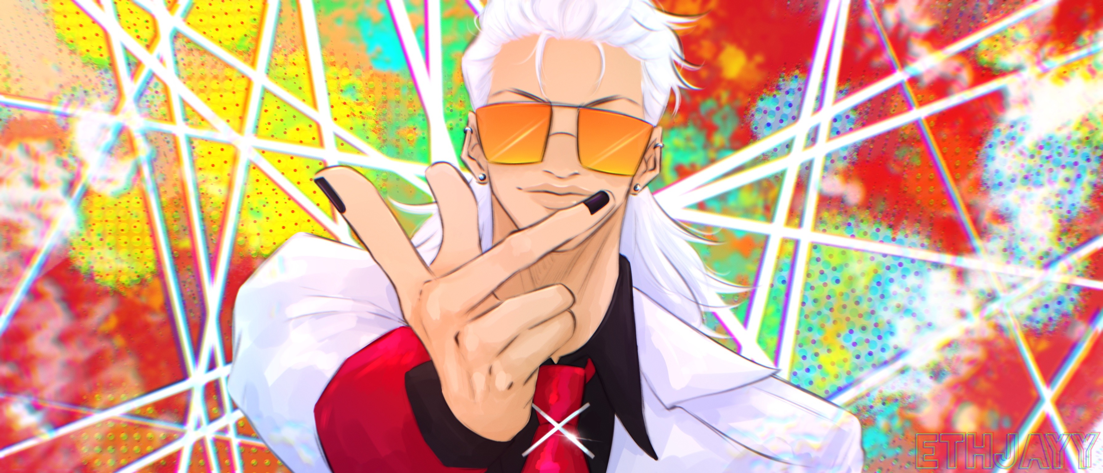 x (to be hero x), to be hero, to be hero x, absurdres, highres, 1boy, artist name, black nails, ear piercing, ethjayy, facing viewer, glasses, hair slicked back, hand up, long hair, male focus, necktie, orange-tinted eyewear, piercing, red necktie, shirt, smile, snapping fingers, tinted eyewear, upper body, white hair, white shirt