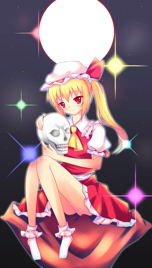 nanamomo rio, nanamomorio, flandre scarlet, touhou, bad id, bad pixiv id, 1girl, ascot, blonde hair, blouse, diffraction spikes, female focus, full body, full moon, hat, knees together feet apart, mob cap, moon, red eyes, shirt, side ponytail, sitting, skull, sky, socks, solo, star (sky), starry sky, white shirt, white socks, yellow ascot