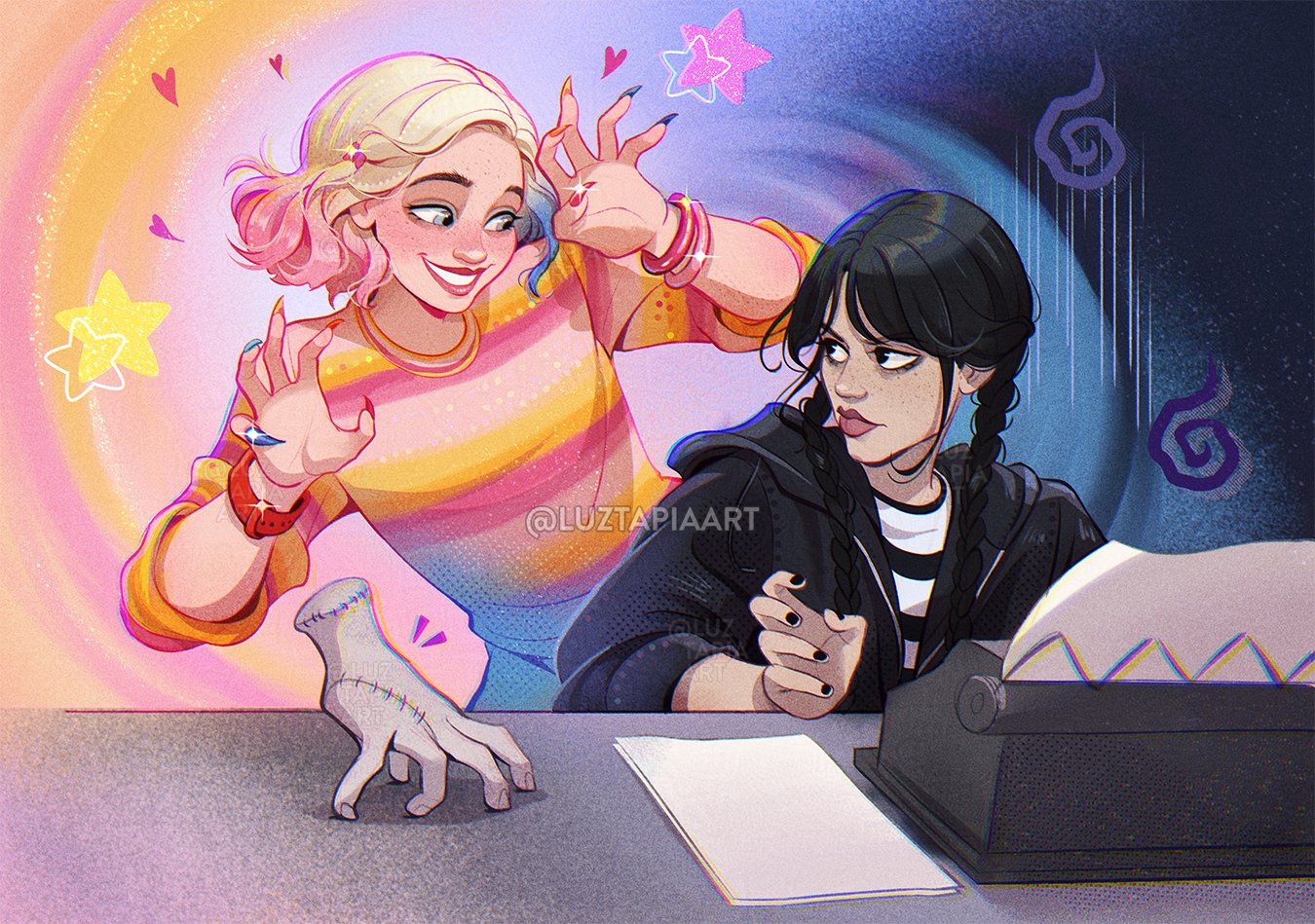 luztapiaart, enid sinclair, thing (addams family), wednesday addams, addams family, wednesday (netflix), 2girls, black hair, black hoodie, black nails, black shirt, blonde hair, blue eyes, blue hair, bracelet, hood, hoodie, jewelry, looking at another, multicolored hair, multicolored nails, multicolored shirt, multiple girls, open clothes, open hoodie, pink hair, pink shirt, severed hand, shirt, star (symbol), striped clothes, striped shirt, two-tone shirt, white shirt, yellow shirt