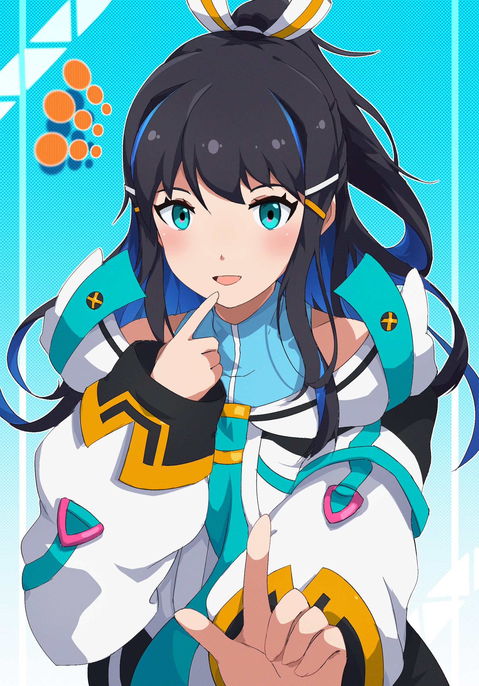 ra mun5239, gundam, gundam extreme vs. 2, commentary, highres, 1girl, black hair, blue eyes, blue hair, colored inner hair, finger to mouth, foreshortening, gradient background, hair ornament, hair ribbon, hairclip, index finger raised, jacket, kano clans, light blush, long hair, multicolored hair, open mouth, ponytail, puffy sleeves, ribbon, sidelocks, solo, upper body, very long hair, white jacket, white ribbon
