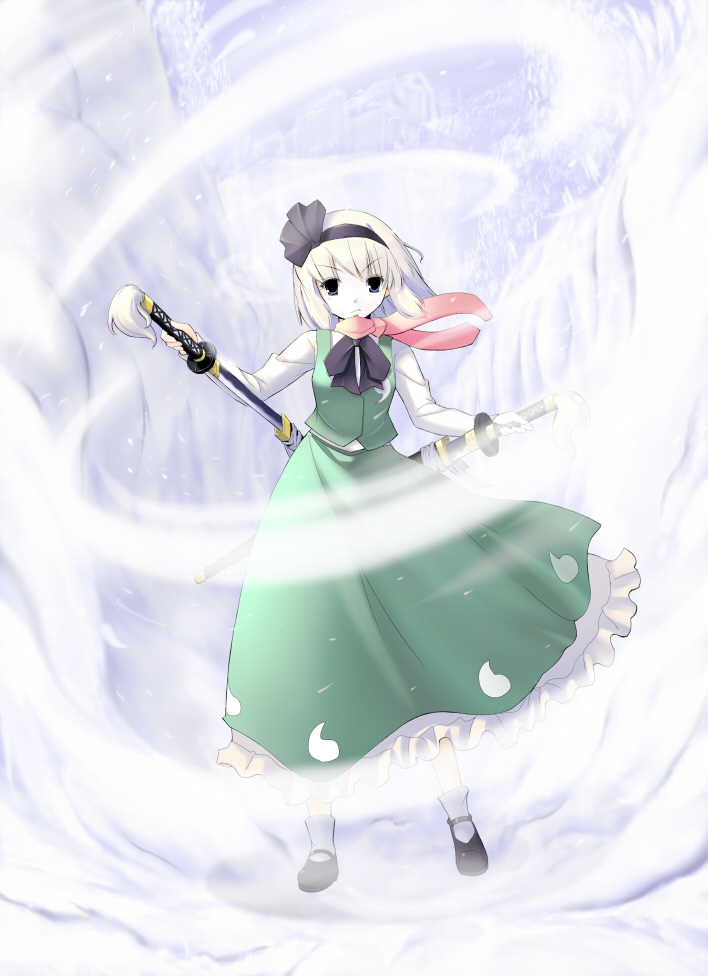 hirasawa akito, konpaku youmu, konpaku youmu (ghost), touhou, silver hair, bad id, bad pixiv id, 1girl, blue eyes, female focus, hairband, hitodama, katana, scarf, sheath, snow, solo, sword, unsheathing, weapon