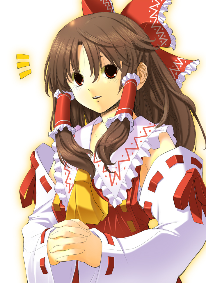 hirasawa akito, hakurei reimu, touhou, bad id, bad pixiv id, 1girl, brown hair, female focus, gradient background, japanese clothes, miko, red eyes, solo, white background