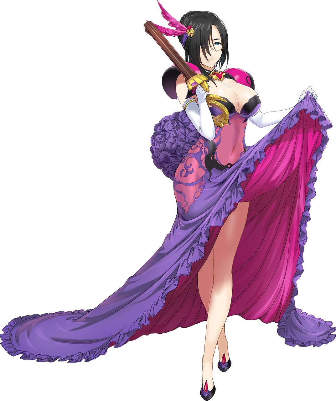 onigirikun, choukou (alicesoft), choukou shinki ixseal, choukou taisen escalation heroines, highres, official art, 1girl, alternate costume, armor, azuel (choukou), bare legs, black hair, breasts, cleavage, clothes lift, covered navel, dress, dress lift, elbow gloves, feather hair ornament, feathers, full body, glasses, gloves, hair ornament, high heels, large breasts, looking at viewer, official alternate costume, pauldrons, purple dress, short hair, shoulder armor, smile, tachi-e, thighs