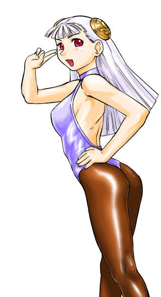 ingrid (capcom), capcom, capcom fighting jam, 1girl, albino, ass, blush, breasts, bun cover, double bun, female focus, gloves, hair bun, hairpods, large breasts, leotard, long hair, pantyhose, red eyes, ribbon, salute, solo, thong leotard, white hair