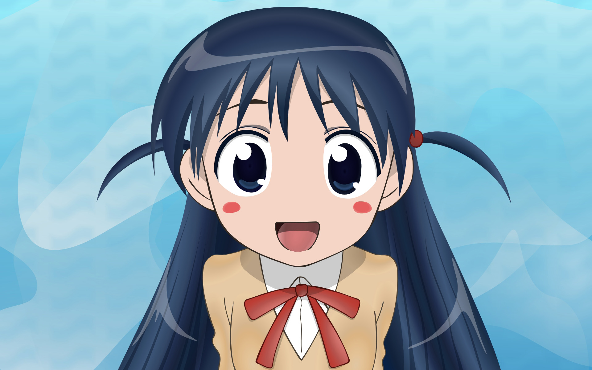 tsukamoto tenma, school rumble, derivative work, highres, vector trace, 00s, 1girl, blue eyes, blue hair, blush, blush stickers, female focus, happy, long hair, looking at viewer, matching hair/eyes, school uniform, serafuku, short twintails, smile, solo, twintails, two side up