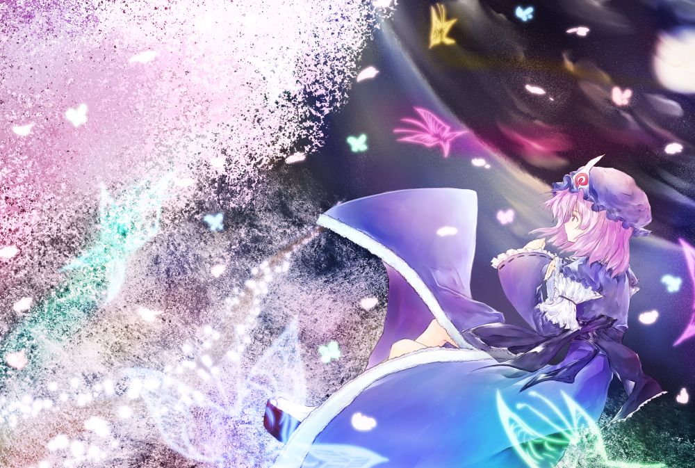 demupausagi, saigyouji yuyuko, touhou, bad id, bad pixiv id, 1girl, bug, butterfly, cherry blossoms, dress, female focus, hat, pink hair, solo