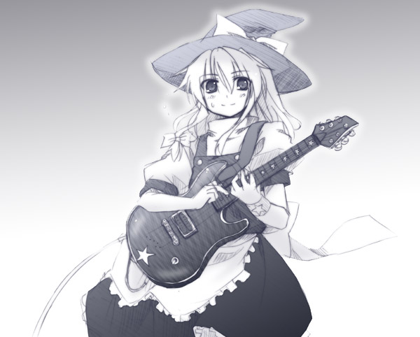 yuuki eishi, kirisame marisa, touhou, 1girl, blue theme, female focus, guitar, hat, instrument, monochrome, solo, witch, witch hat