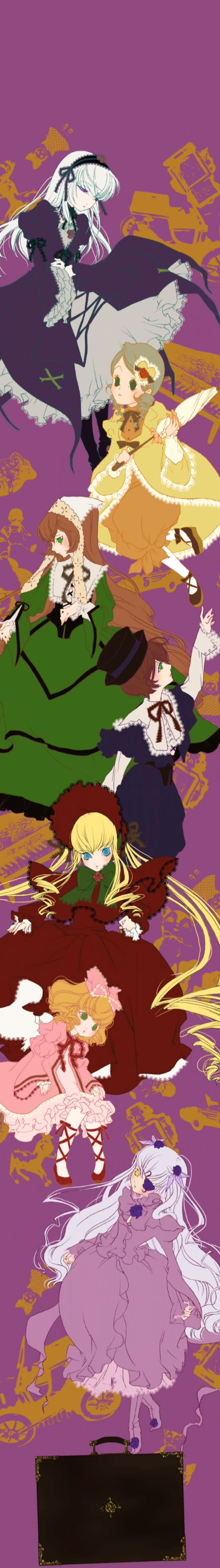 barasuishou, hinaichigo, kanaria, shinku, souseiseki, suigintou, suiseiseki, rozen maiden, absurdres, highres, long image, tall image, 00s, 6+girls, blonde hair, multiple girls, siblings, sisters, twins