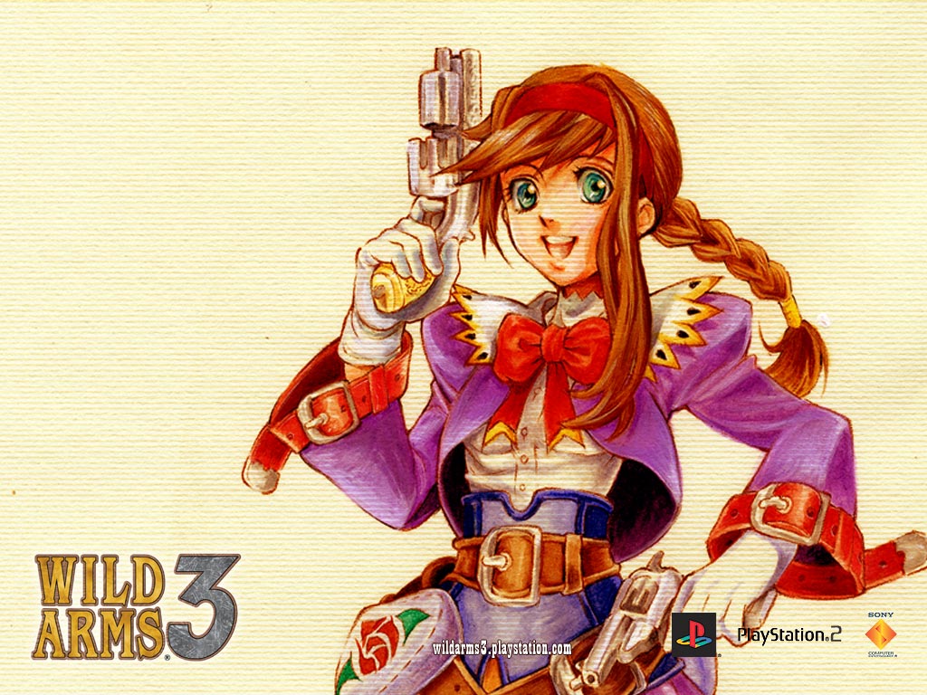 ooba wakako, virginia maxwell, wild arms, wild arms 3, official art, official wallpaper, 1girl, belt, bow, braid, brown hair, copyright name, dual wielding, female focus, green eyes, gun, hairband, holding, juliet sleeves, logo, long hair, long sleeves, puffy sleeves, red hairband, ribbon, sidelocks, single braid, smile, solo, weapon, yellow background