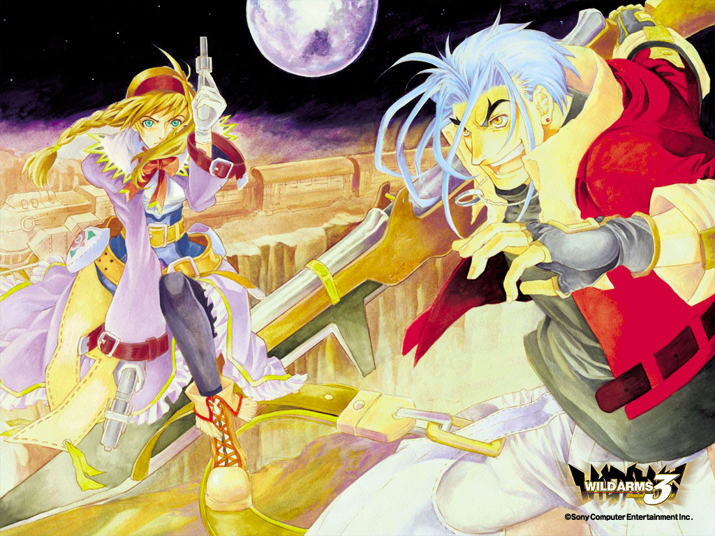 ooba wakako, janus cascade, virginia maxwell, wild arms, wild arms 3, official art, 1boy, 1girl, belt, black pantyhose, blue hair, boots, bow, braid, brown hair, copyright name, desert, dress, dual wielding, fingerless gloves, full moon, gloves, gun, hairband, handgun, holding, holster, jacket, juliet sleeves, logo, long sleeves, moon, night, pantyhose, puffy sleeves, purple dress, red hairband, revolver, skirt, train, weapon