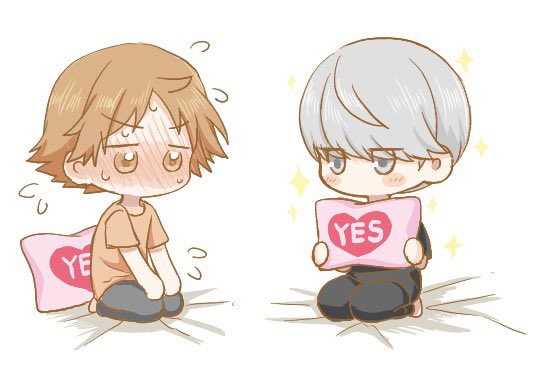 hanamura yousuke, narukami yu, persona, persona 4, commentary request, jpeg artifacts, 2boys, black pants, blush, brown eyes, brown hair, chibi, chibi only, ebak k3, english text, flying sweatdrops, full-face blush, full body, grey eyes, grey hair, holding, holding pillow, kneeling, looking at another, male focus, multiple boys, no mouth, orange shirt, pants, pillow, shirt, short hair, short sleeves, simple background, sparkle, sweat, white background, yaoi, yes, yes-no pillow