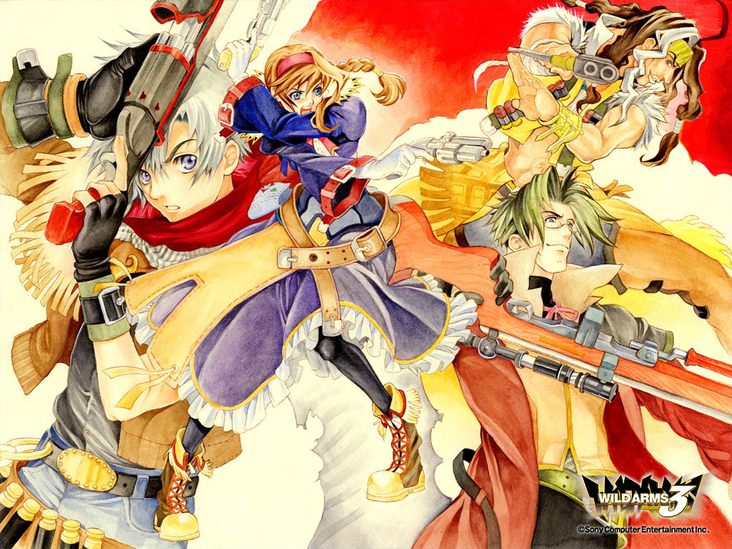 ooba wakako, clive winslett, gallows carradine, jet enduro, virginia maxwell, wild arms, wild arms 3, official art, 1girl, 3boys, bandolier, belt, braid, coat, copyright name, dark skin, dress, dual wielding, fringe trim, glasses, gloves, gun, hairband, handgun, headband, holding, holster, jacket, juliet sleeves, logo, long sleeves, multiple boys, puffy sleeves, purple dress, red hairband, revolver, rifle, shotgun, skirt, sniper rifle, trench coat, weapon