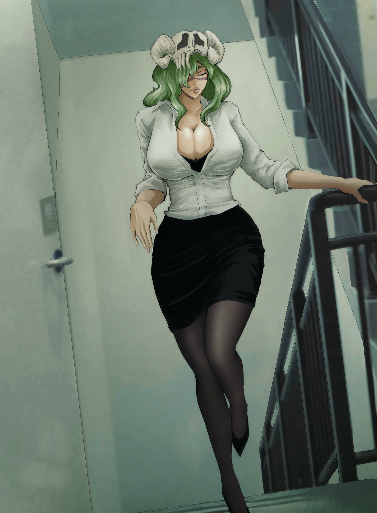 veeepawoon, nelliel tu odelschwanck, bleach, 1girl, breasts, cleavage, closed eyes, green hair, large breasts, long hair, solo