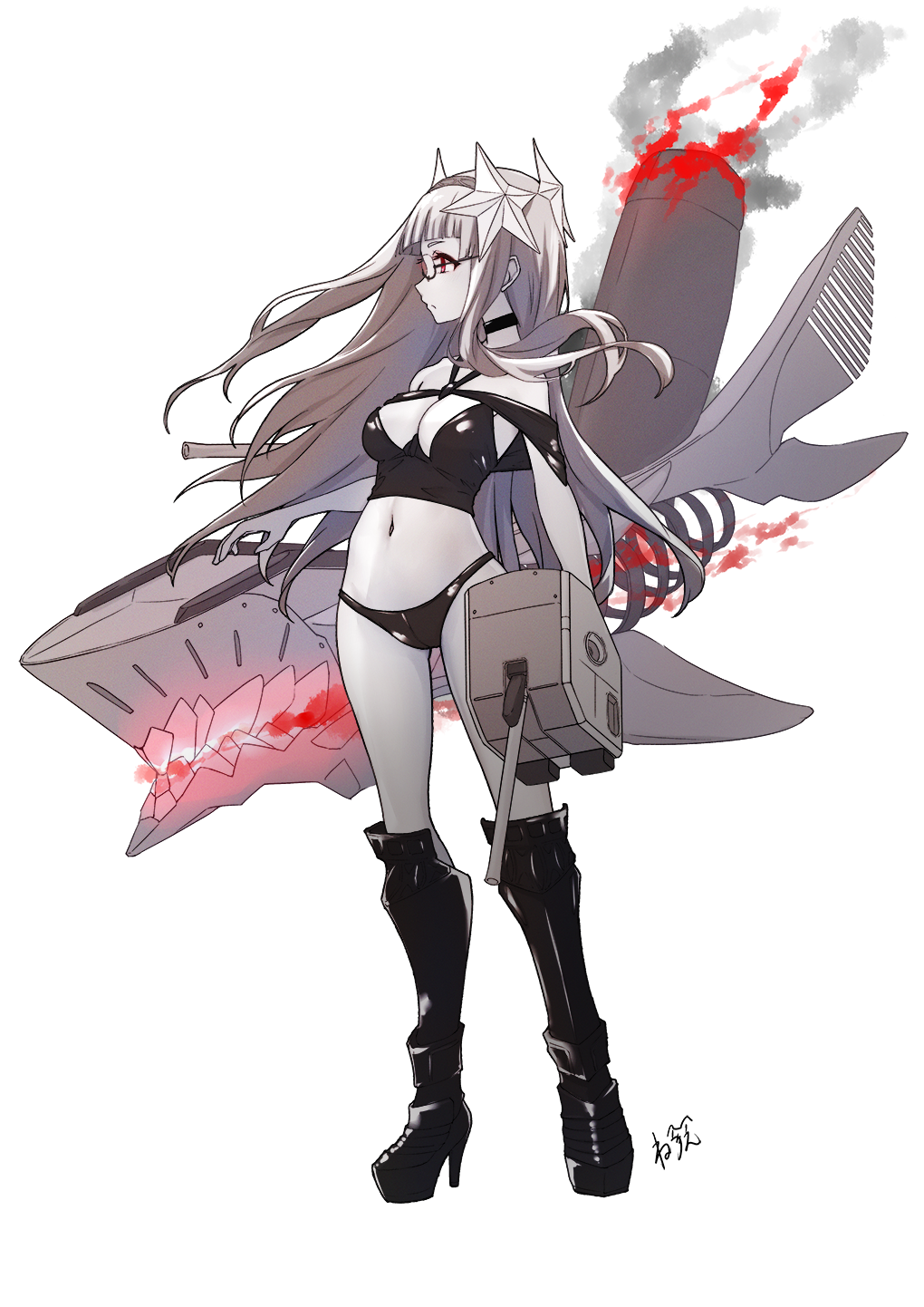 neve (morris-minicooper), american destroyer princess, kantai collection, highres, 1girl, abyssal ship, blunt bangs, boots, breasts, choker, closed mouth, colored skin, glasses, grey hair, grey skin, hair ornament, high heel boots, high heels, holding, long hair, medium breasts, navel, red eyes, ship turret, simple background, smoke, solo, standing, star (symbol), star hair ornament, stomach, thigh boots, very long hair, white background