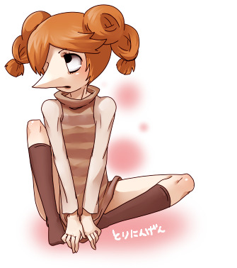 toriningen, yume nikki, lowres, tagme, 1girl, braid, brown socks, female focus, kneehighs, no pants, simple background, socks, solo, striped clothes, striped sweater, sweater, swept bangs, twintails