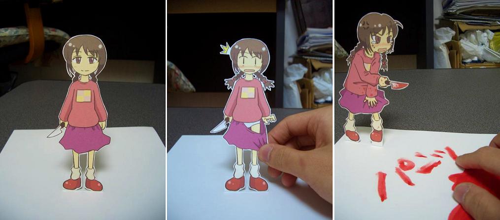 enutsuu, madotsuki, yume nikki, bad id, bad pixiv id, papercraft (medium), photo (medium), translated, unconventional media, 1girl, ^^^, anger vein, blood, braid, clothes pull, dying message, knife, loli, loose socks, panties, pantyshot, paper child, pink shirt, shirt, skirt, skirt pull, socks, stab, twin braids, underwear