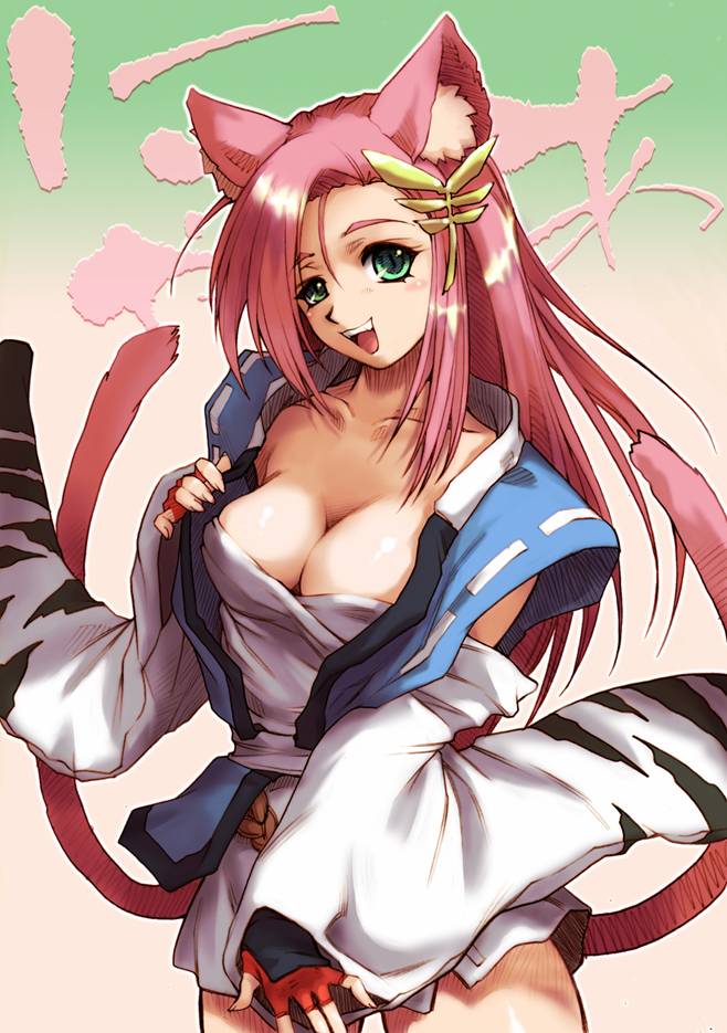 hisahiko, koma (srw), banpresto, super robot wars, super robot wars og saga mugen no frontier, 1girl, animal ears, breasts, cat ears, cat tail, cleavage, female focus, fingerless gloves, gloves, green eyes, hair ornament, hairpin, infinite frontier, large breasts, long hair, multiple tails, pink hair, smile, solo, tail, undressing