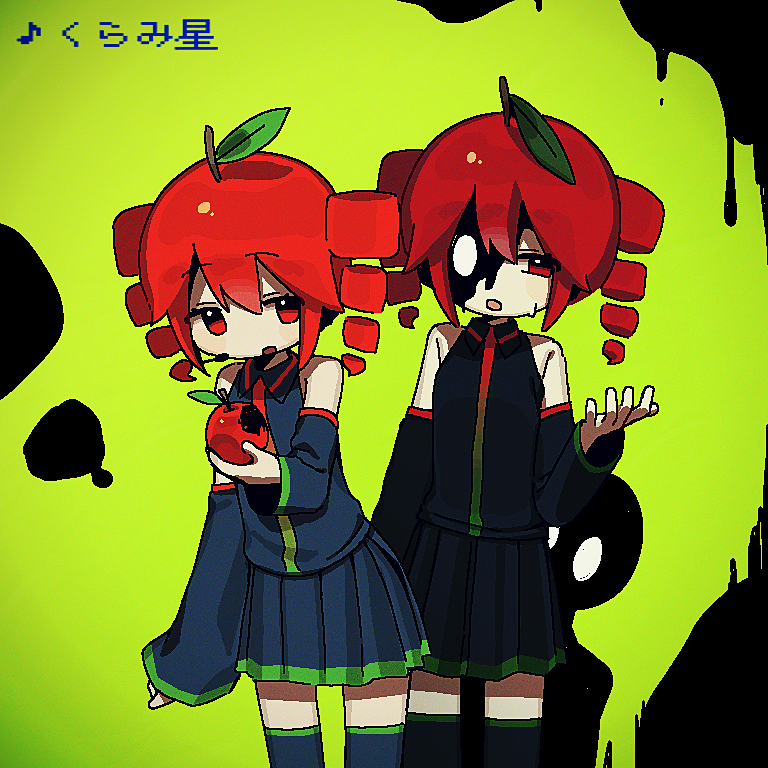 kasane teto, kasane teto (utau), utau, 2girls, ahoge, apple, bare shoulders, black shirt, black skirt, black thighhighs, collared shirt, detached sleeves, drill hair, dual persona, food, food-themed hair, fruit, green background, hand up, holding, holding food, holding fruit, kuramiboshi (utau), kynnn, looking at viewer, multiple girls, open mouth, pixel art, red eyes, red hair, shirt, short hair, silhouette, skirt, sleeveless, sleeveless shirt, sweatdrop, thighhighs, twin drills
