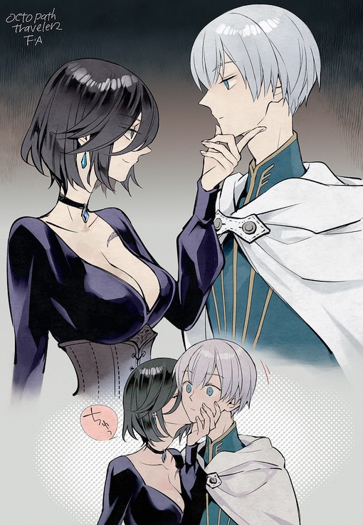 grel (r6hgvu5), temenos mistral, throne anguis, octopath traveler, octopath traveler ii, commentary request, translation request, 1boy, 1girl, black choker, black hair, breasts, brown corset, choker, copyright name, corset, dress, earrings, eye contact, gradient background, grey background, grey hair, hand on another's cheek, hand on another's face, hetero, jewelry, kiss, large breasts, looking at another, purple dress, short hair, white background, wide-eyed