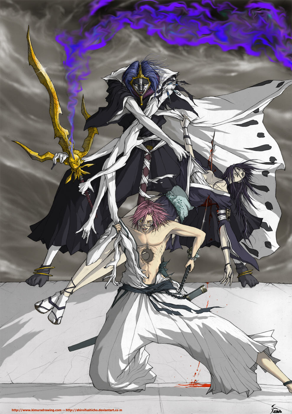 antoine retaureau, kurotsuchi mayuri, kurotsuchi nemu, szayelaporro granz, bleach, highres, 00s, 1girl, 2boys, arrancar, badge, bandages, blood, epic, fukutaichou badge, haori, hollow (bleach), japanese clothes, multiple boys, number tattoo, ootachi, sarashi, shikai, sword, taichou haori, tattoo, watermark, weapon, web address