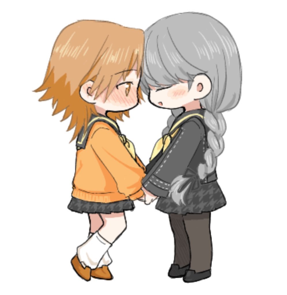 hanamura yousuke, narukami yu, persona, persona 4, aliasing, commentary request, 2girls, black shirt, blush, braid, brown eyes, brown hair, cardigan, closed eyes, ebak k3, forehead-to-forehead, full body, genderswap, genderswap (mtf), grey eyes, grey hair, grey skirt, heads together, holding hands, houndstooth, long hair, looking at another, multiple girls, open mouth, orange cardigan, pantyhose, school uniform, shirt, short hair, simple background, skirt, socks, standing, twin braids, white background, white socks, yasogami school uniform, yuri