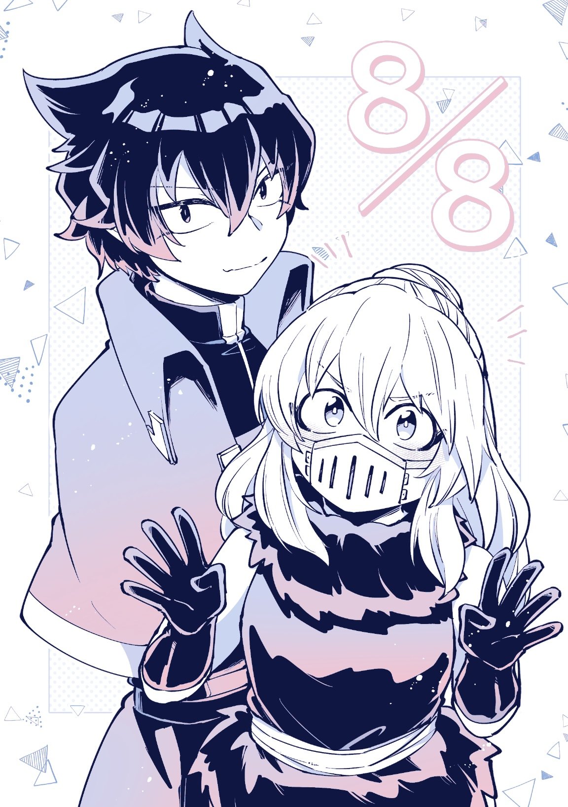 naberius kalego, mairimashita! iruma-kun, highres, 2boys, aged down, balam shichiro, belt, capelet, dated, fur trim, hair between eyes, height difference, high collar, isiko mim z, long hair, looking at viewer, male focus, mask, monochrome, mouth mask, multiple boys, ponytail, school uniform, short hair, simple background, sleeveless, smile, trap, white background, wing collar