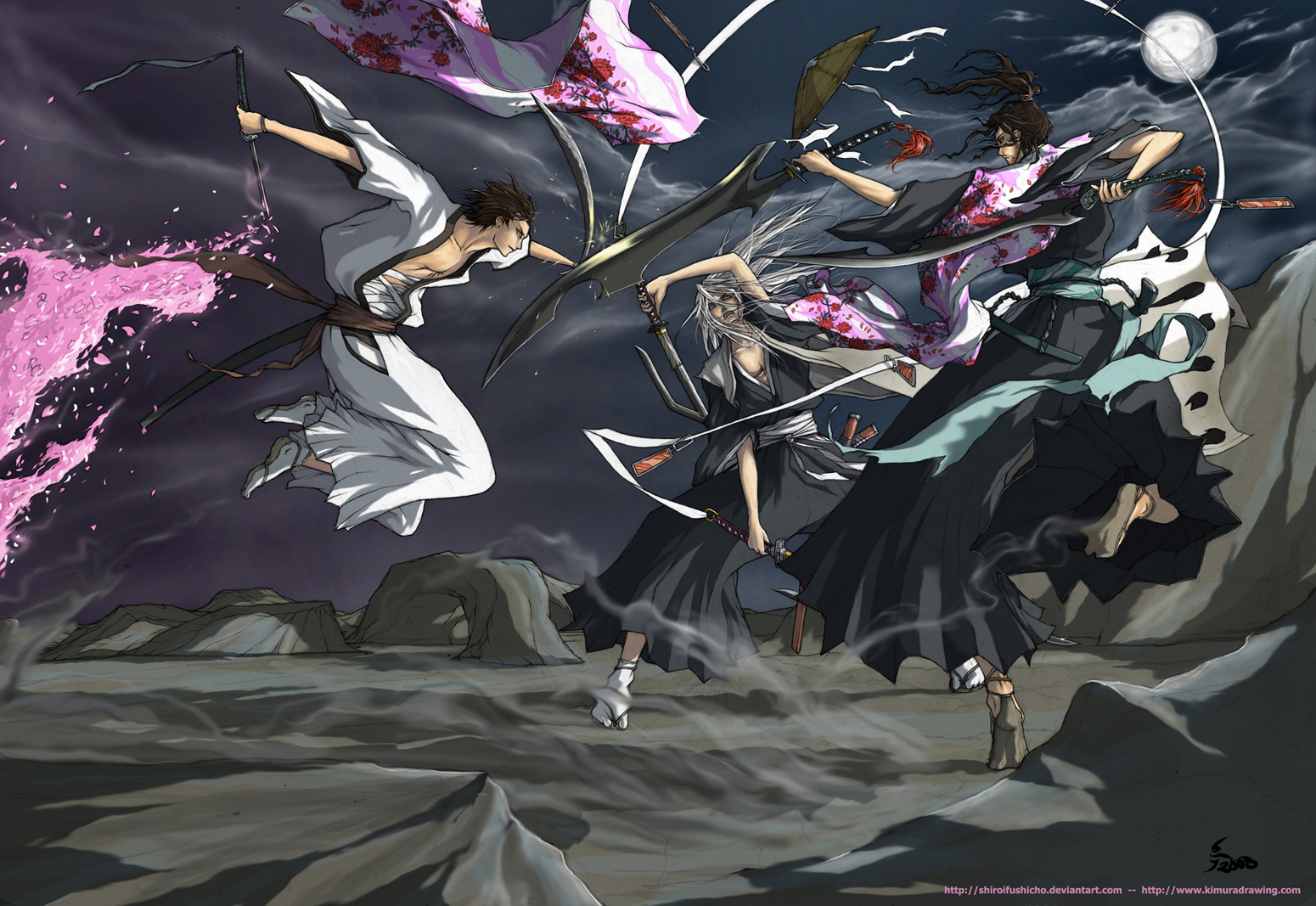 antoine retaureau, aizen sousuke, kuchiki byakuya, kyouraku shunsui, ukitake juushirou, bleach, 00s, 3boys, alternate weapon, battle, cherry blossoms, epic, haori, japanese clothes, male focus, moon, multiple boys, night, sword, taichou haori, weapon