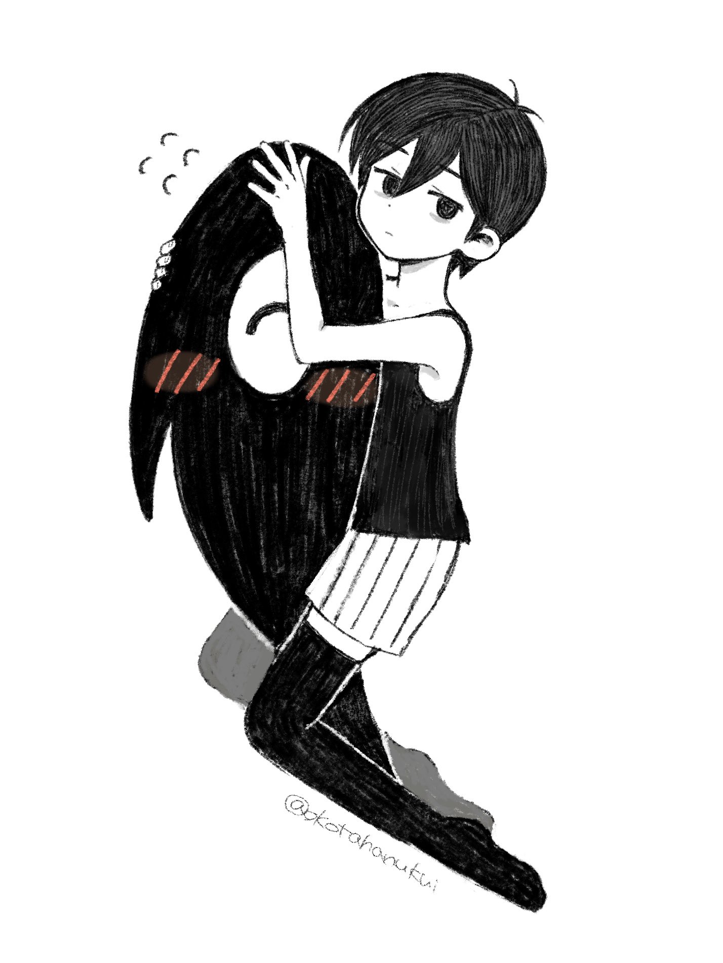 omori (omori), something (omori), omori, highres, 1boy, antenna hair, black eyes, black hair, black tank top, black thighhighs, blush, closed mouth, expressionless, flying sweatdrops, looking at viewer, male focus, okotahanukui, short hair, shorts, simple background, solo, striped clothes, striped shorts, tank top, thighhighs, twitter username, vertical-striped clothes, vertical-striped shorts, white background, white shorts