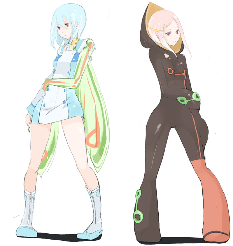 tansuke, anemone (eureka seven), eureka (eureka seven), eureka seven, eureka seven (series), white footwear, 00s, 2girls, blue hair, bodysuit, boots, flat chest, multiple girls, pink hair, red eyes, single vertical stripe, wings