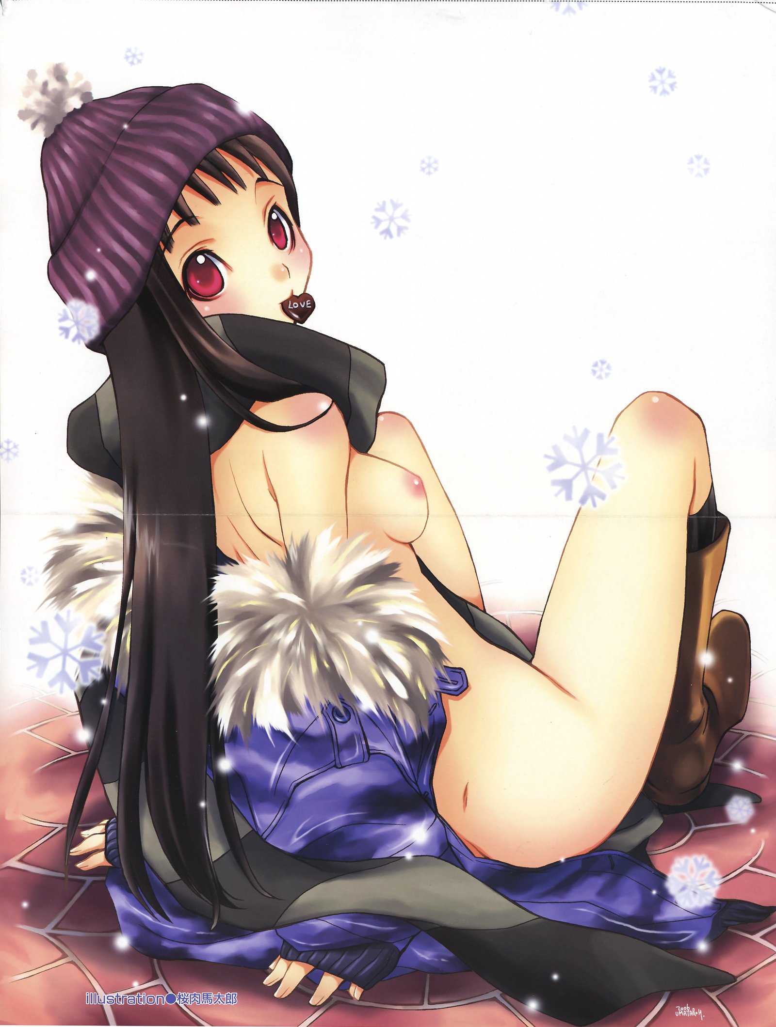 sakuraniku umatarou, highres, scan, 1girl, beanie, black hair, body blush, boots, breasts, chocolate, coat, female focus, hat, kneehighs, long hair, looking at viewer, looking back, mouth hold, red eyes, scarf, sitting, small breasts, snow, snowflakes, socks, solo, striped clothes, striped scarf
