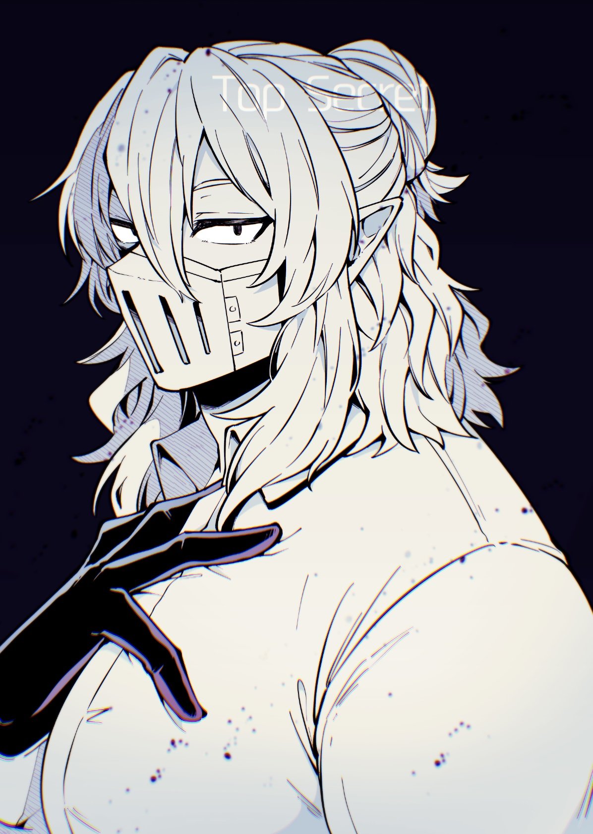mairimashita! iruma-kun, highres, 1boy, balam shichiro, black background, blood, blurry, collared shirt, depth of field, gloves, greyscale, hair between eyes, hair bun, isiko mim z, looking at viewer, male focus, mask, medium hair, monochrome, mouth mask, pointy ears, shirt, simple background, single hair bun, solo, upper body, wing collar