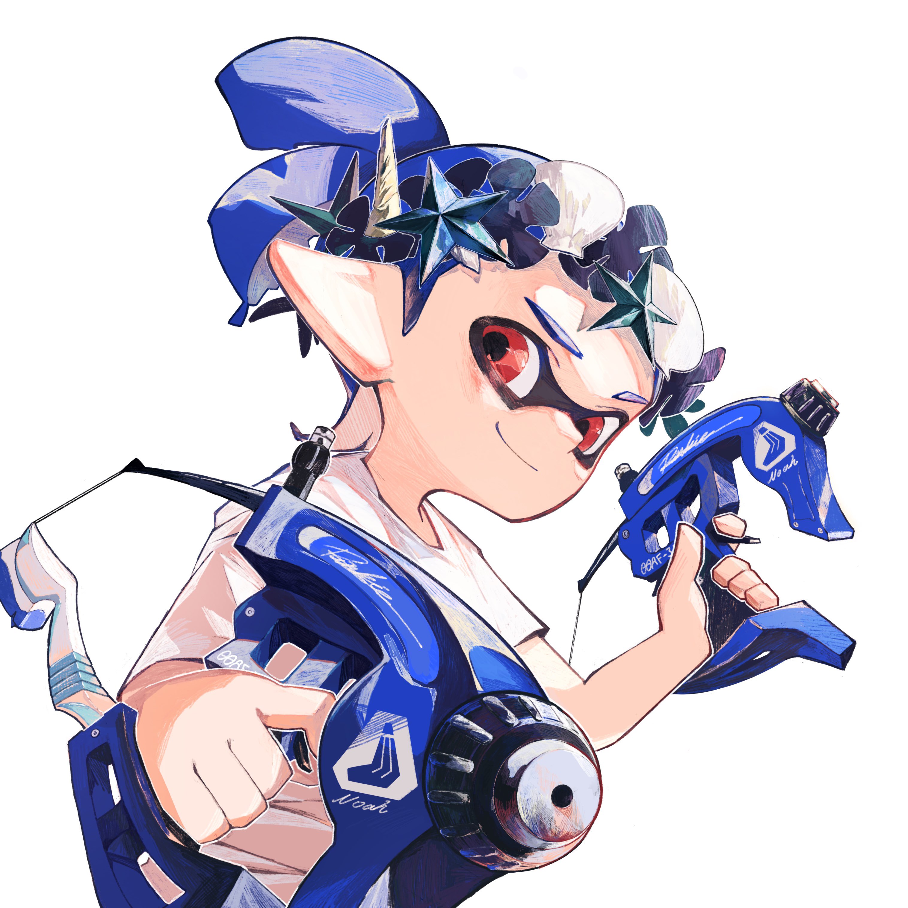 mhxbump, inkling boy, inkling player character, nintendo, splatoon (series), splatoon 3, absurdres, commentary request, highres, 1boy, closed mouth, dapple dualies (splatoon), head wreath, holding, holding weapon, inkling, looking at viewer, male focus, pointy ears, ponytail, red eyes, shirt, short hair, simple background, smile, solo, t-shirt, tentacle hair, weapon, white background, white shirt