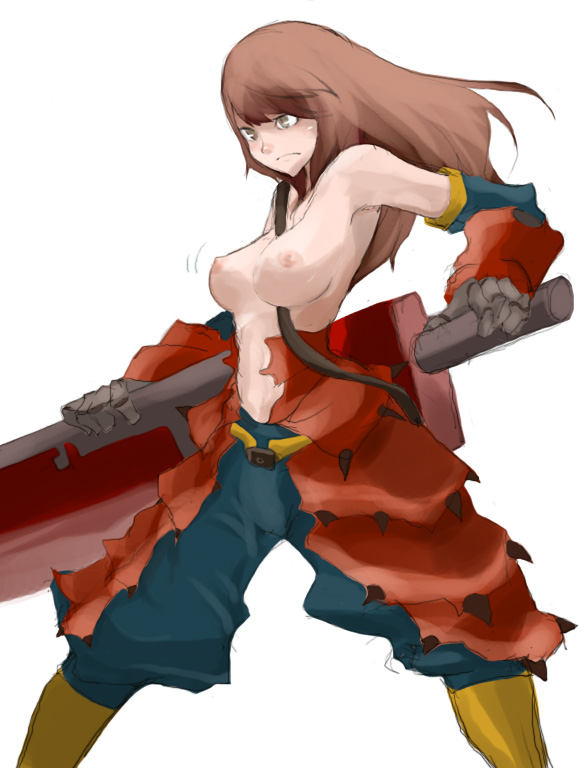 tansuke, capcom, monster hunter (series), 1girl, breasts, brown eyes, brown hair, female focus, huge weapon, large breasts, long hair, nipples, solo, topless female, torn clothes, weapon