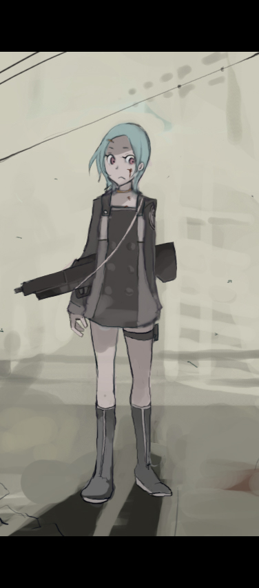 tansuke, eureka (eureka seven), eureka seven, eureka seven (series), 00s, 1girl, blue hair, female focus, full body, gun, rifle, short hair, solo, thigh strap, weapon