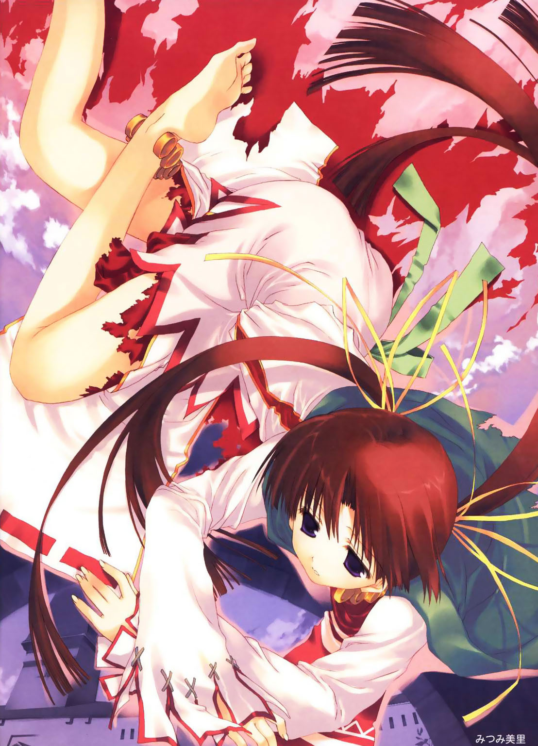 mitsumi misato, riannon, tears to tiara, highres, 00s, 1girl, barefoot, blue eyes, feet, female focus, lying, ponytail, red hair, soles, solo, toes