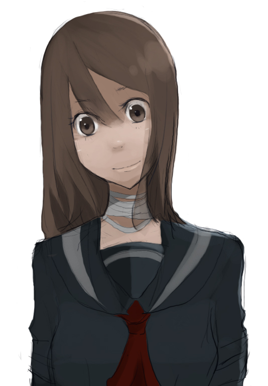 tansuke, original, bandages, brown eyes, brown hair, long hair, portrait, school uniform, serafuku, smile, solo, upper body