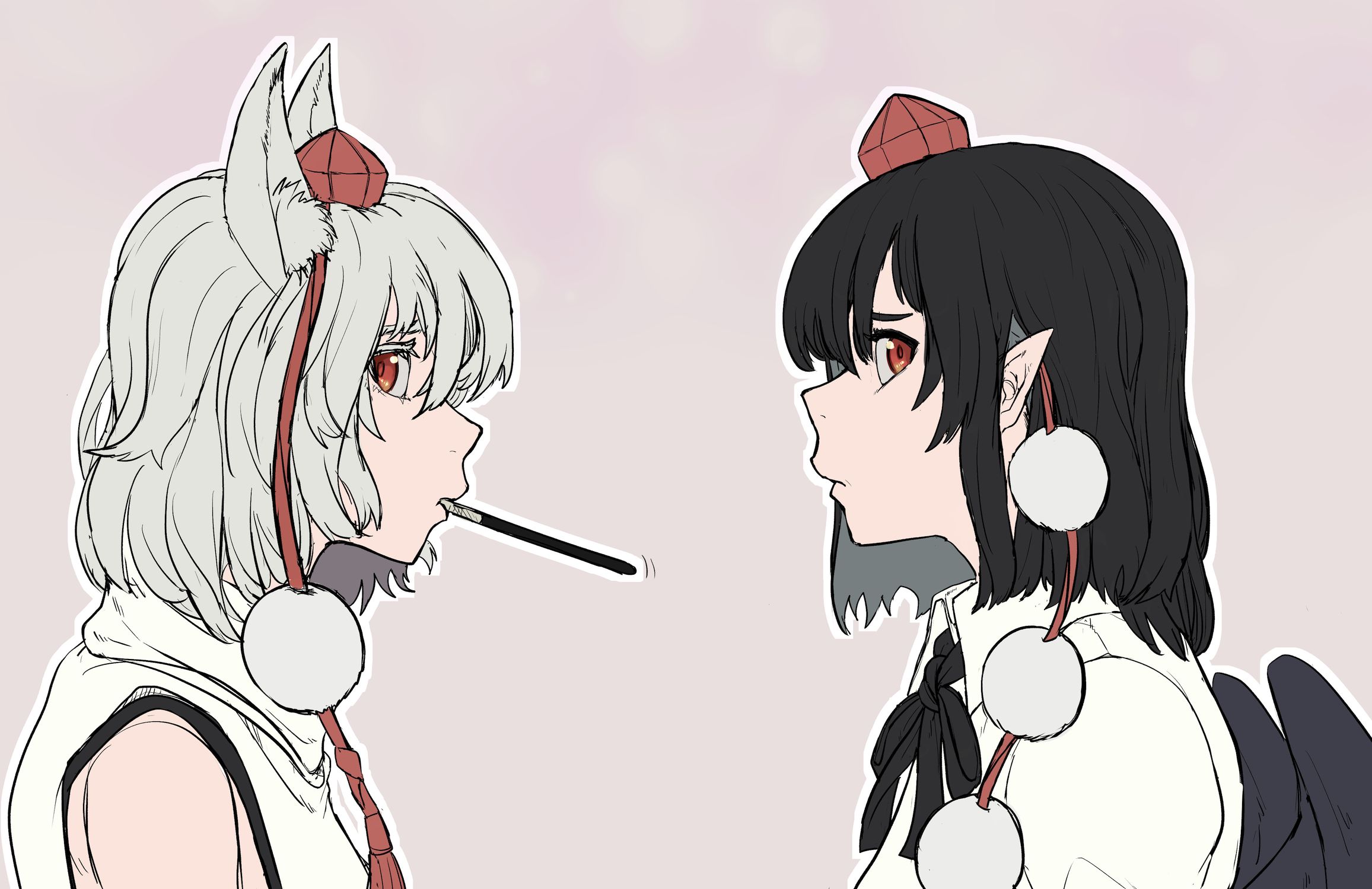 harapan-kun, inubashiri momiji, shameimaru aya, touhou, commentary request, highres, 2girls, animal ear fluff, animal ears, averting eyes, black hair, black ribbon, check background, detached sleeves, food, food in mouth, from side, grey background, grey hair, hair between eyes, hat, imminent kiss, looking to the side, medium hair, multiple girls, neck ribbon, outline, pocky, pocky in mouth, pocky kiss, pointy ears, pom pom (clothes), raised inner eyebrows, red eyes, red hat, ribbon, shared food, shirt, simple background, tokin hat, upper body, white outline, white shirt, wolf ears, wolf girl