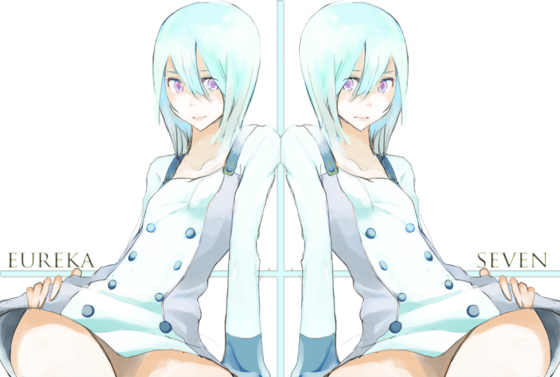 tansuke, eureka (eureka seven), eureka seven, eureka seven (series), 00s, 1girl, blue hair, dual persona, female focus, flat chest, legs, purple eyes, short hair, sitting, solo