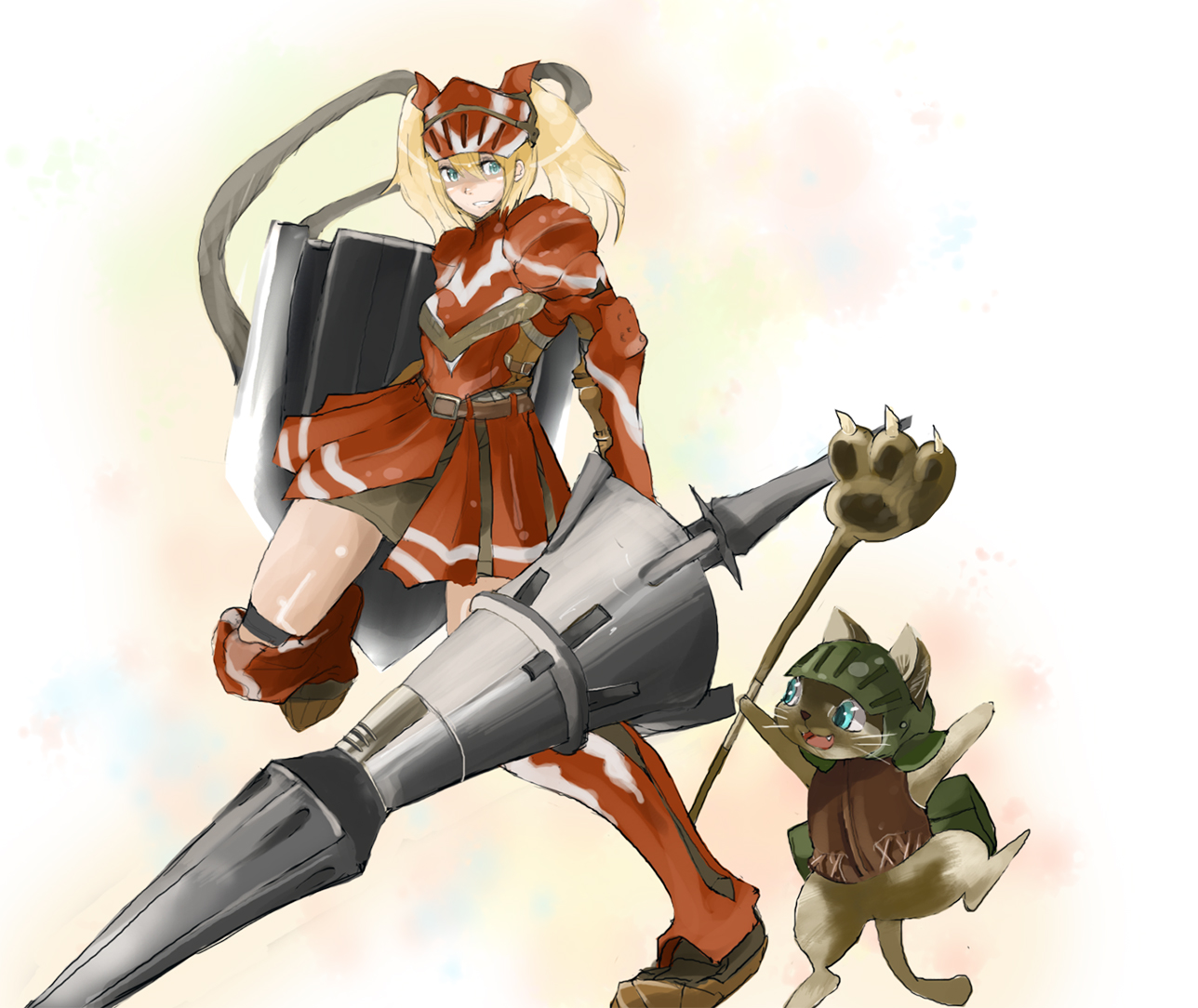 tansuke, felyne, capcom, monster hunter (series), animal, armor, blonde hair, blue eyes, helmet, hermitaur (armor), lance, long hair, paw stick, polearm, shield, spear, twintails, weapon