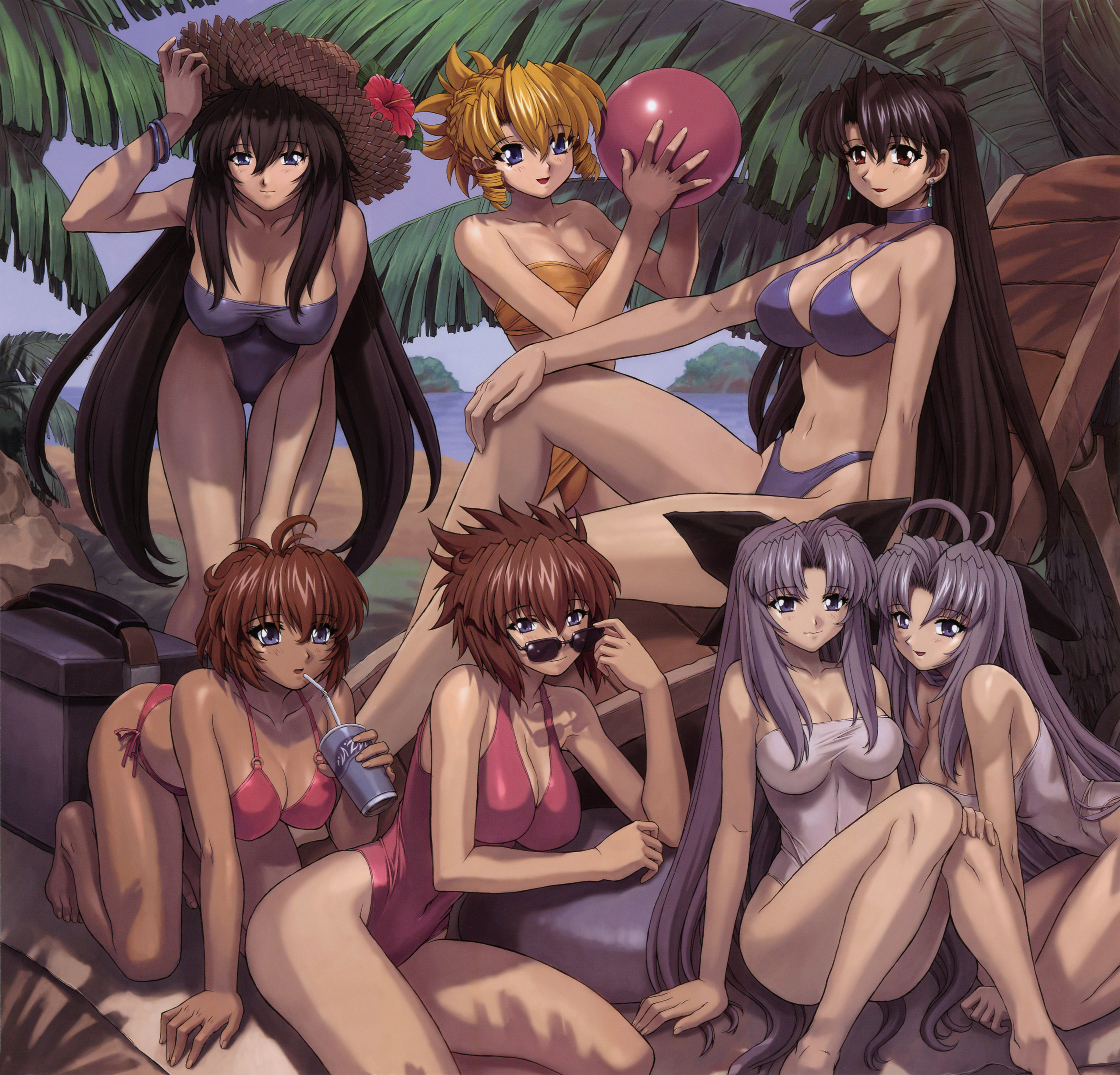 mogudan, cz, natalie, pacifica casull, raquel casull, senes giat, winia chester, zefiris, scrapped princess, absurdres, highres, huge filesize, 6+girls, all fours, bikini, blonde hair, blue eyes, breasts, brown eyes, brown hair, choker, cleavage, drill hair, earrings, everyone, glasses, hat, huge breasts, jewelry, large breasts, leaning forward, long hair, multiple girls, purple eyes, purple hair, short hair, sitting, straw hat, swimsuit