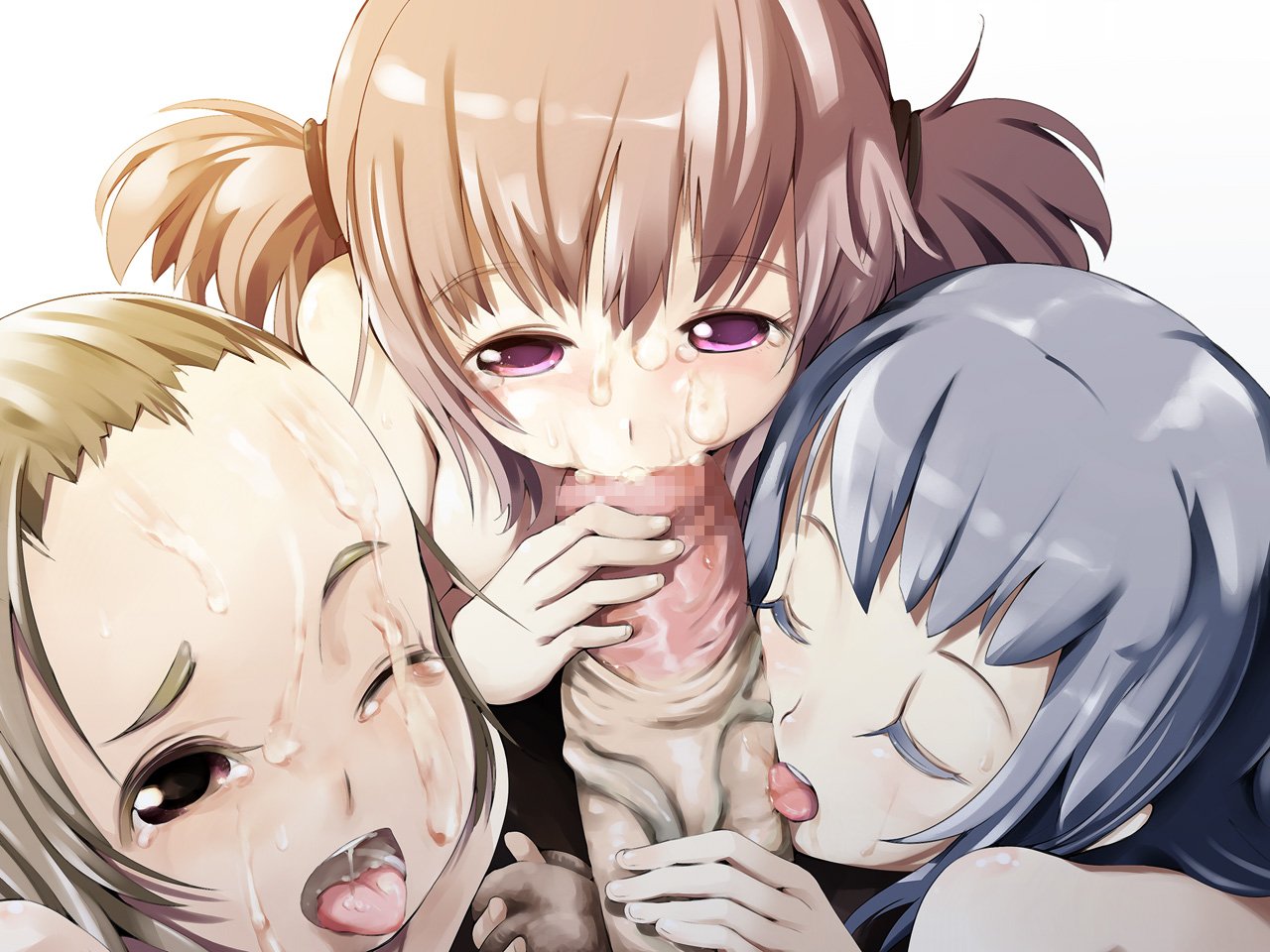 harepore, bad id, bad pixiv id, 3girls, :>=, blush, caressing testicles, censored, cooperative fellatio, cooperative handjob, cum, cum in mouth, cum on body, facial, fellatio, foreskin, handjob, loli, mosaic censoring, multiple girls, oral, penis, pov, short twintails, teamwork, teamwork (sexual), tears, testicles, twintails, two-handed handjob, veins, veiny penis