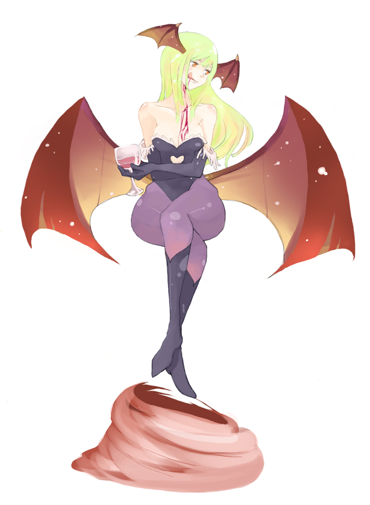 tansuke, morrigan aensland, capcom, darkstalkers, alcohol, blood, cupping glass, elbow gloves, gloves, green hair, head wings, long hair, orange eyes, pantyhose, solo, tongue, wine, wings