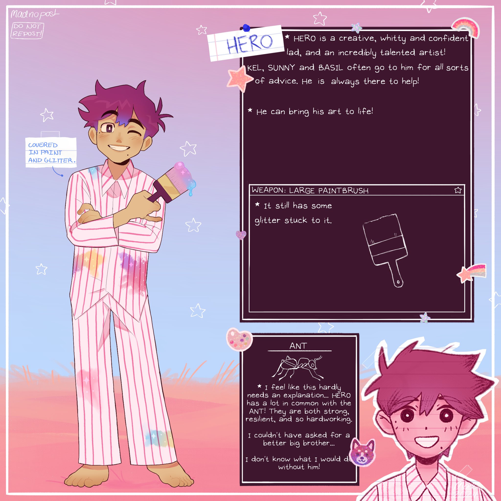 madnopost, omori, highres, 2024, alternate hair color, alternate universe, arrow (symbol), artist name, bright pupils, crossed arms, english text, gradient hair, grin, holding, holding paintbrush, long sleeves, looking at viewer, mole, mole under eye, mole under mouth, multicolored hair, omocat (style), one eye closed, open mouth, paint, paintbrush, pajamas, pants, purple eyes, purple hair, smile, solo, striped clothes, striped pajamas, striped pants, teeth, vertical-striped clothes, vertical-striped pajamas, vertical-striped pants, white pupils