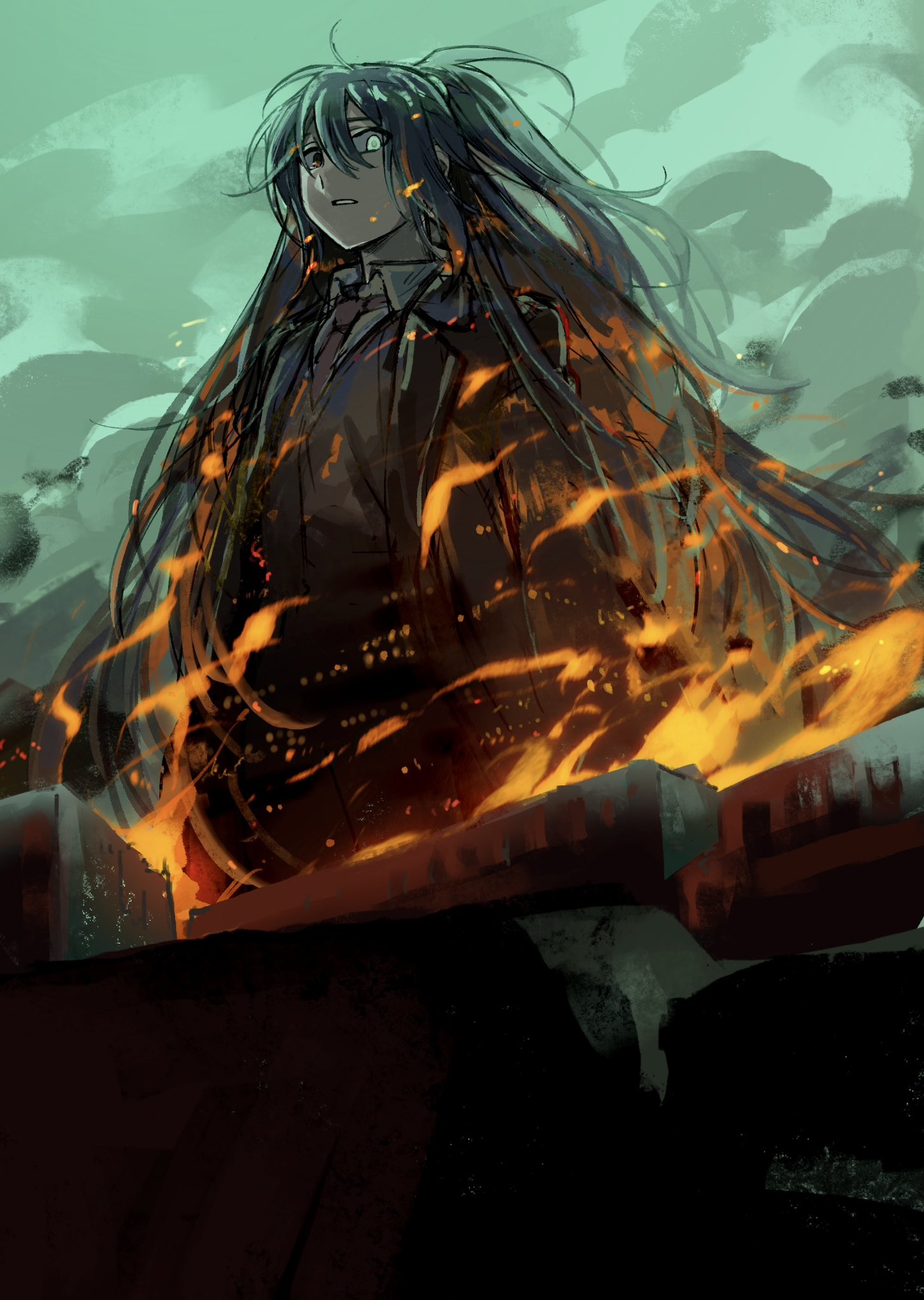 keisotu kuruu, hong lu (project moon), limbus company, project moon, highres, 1boy, aqua background, black eyes, black hair, black jacket, black vest, blue eyes, collared shirt, fire, heterochromia, high ponytail, jacket, long hair, long sleeves, looking at viewer, male focus, necktie, ponytail, red jacket, red necktie, shirt, simple background, solo, standing, upper body, vest, white shirt