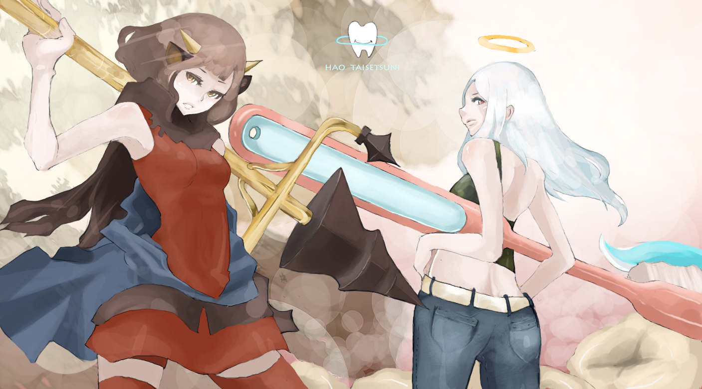 tansuke, original, 2girls, angel, angel and devil, camisole, demon, denim, drill, halo, horns, jeans, long hair, mini person, minigirl, multiple girls, pants, personification, romaji text, sleeveless, thighhighs, toothbrush, white hair