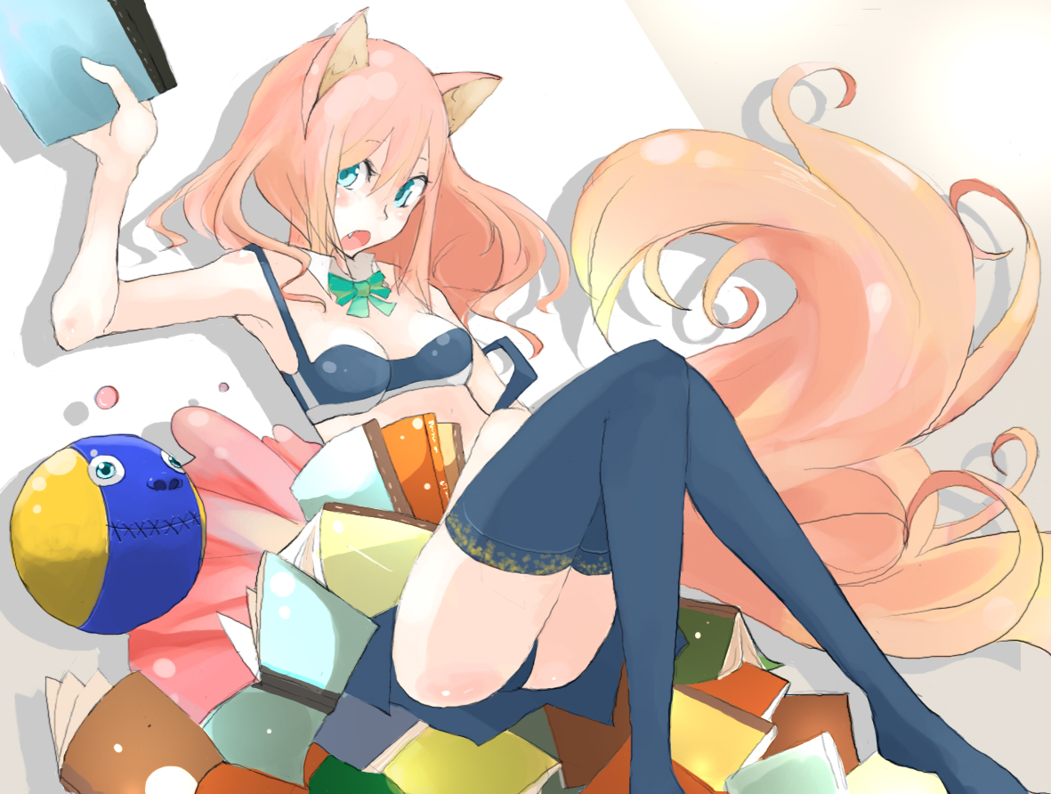 tansuke, takagi (tansuke), original, animal ears, blue eyes, book, bra, fang, lingerie, long hair, necktie, panties, pink hair, skirt, solo, thighhighs, underwear