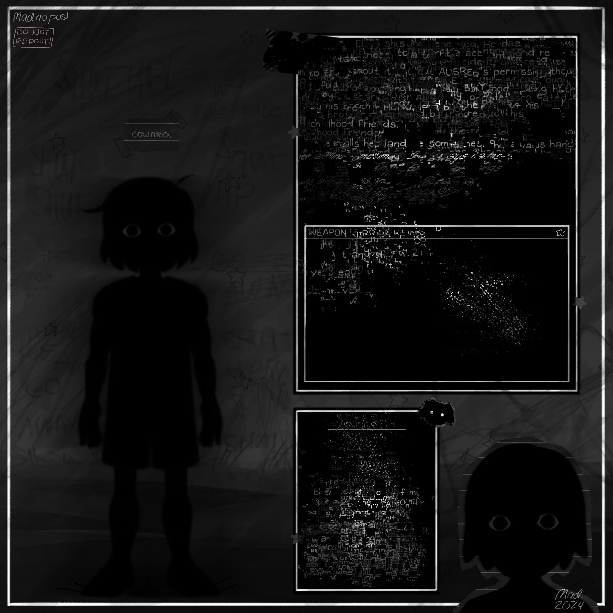 madnopost, kel (headspace) (omori), kel (omori), stranger (omori), omori, highres, 1boy, 2024, alternate universe, arrow (symbol), artist name, black eyes, black hair, english text, fusion, looking at viewer, male focus, omocat (style), short hair, solo