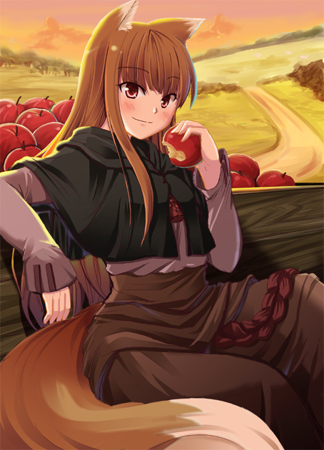nekonote (nekono paraiso), holo, spice and wolf, 00s, 1girl, animal ears, apple, brown hair, female focus, food, fruit, holding, holding food, holding fruit, long hair, red eyes, solo, tail, wolf ears, wolf tail