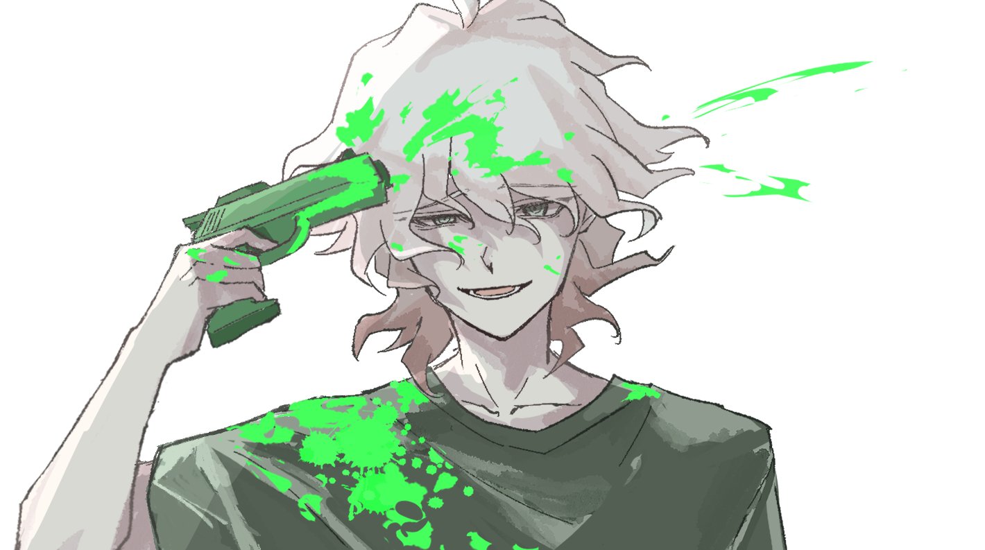 komaeda nagito, danganronpa (series), danganronpa 2: goodbye despair, 1boy, :d, blood, collarbone, green shirt, grey hair, gun, gun to head, hair between eyes, hand up, handgun, holding, holding gun, holding weapon, looking at viewer, lower teeth only, male focus, medium hair, messy hair, open mouth, pink blood, shirt, short sleeves, simple background, smile, solo, tamakoko pigg, teeth, upper body, weapon, white background, white hair