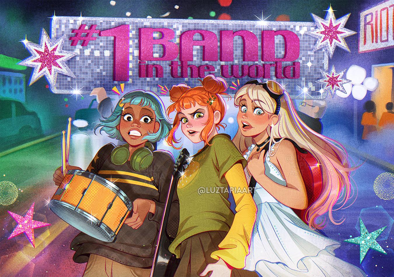 luztapiaart, 3girls, aqua hair, artist name, blonde hair, blue eyes, brown shirt, brown skirt, dark-skinned female, dark skin, double bun, dress, drum, english text, frankie (peach riot), gigi (peach riot), goggles, goggles on head, green eyes, green shirt, hair bun, instrument, layered sleeves, long hair, long sleeves, looking at viewer, multiple girls, orange hair, peach riot (popmart), poppy (peach riot), shirt, short hair, short over long sleeves, short sleeves, skirt, sleeveless, sleeveless dress, star (symbol), watermark, white dress, yellow sleeves